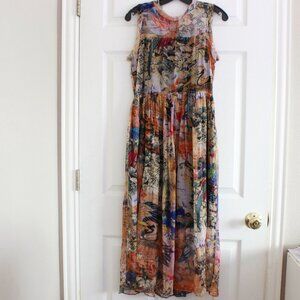 Vintage Mulberry Silk Etherial Scenic Bird Print Maxi Dress